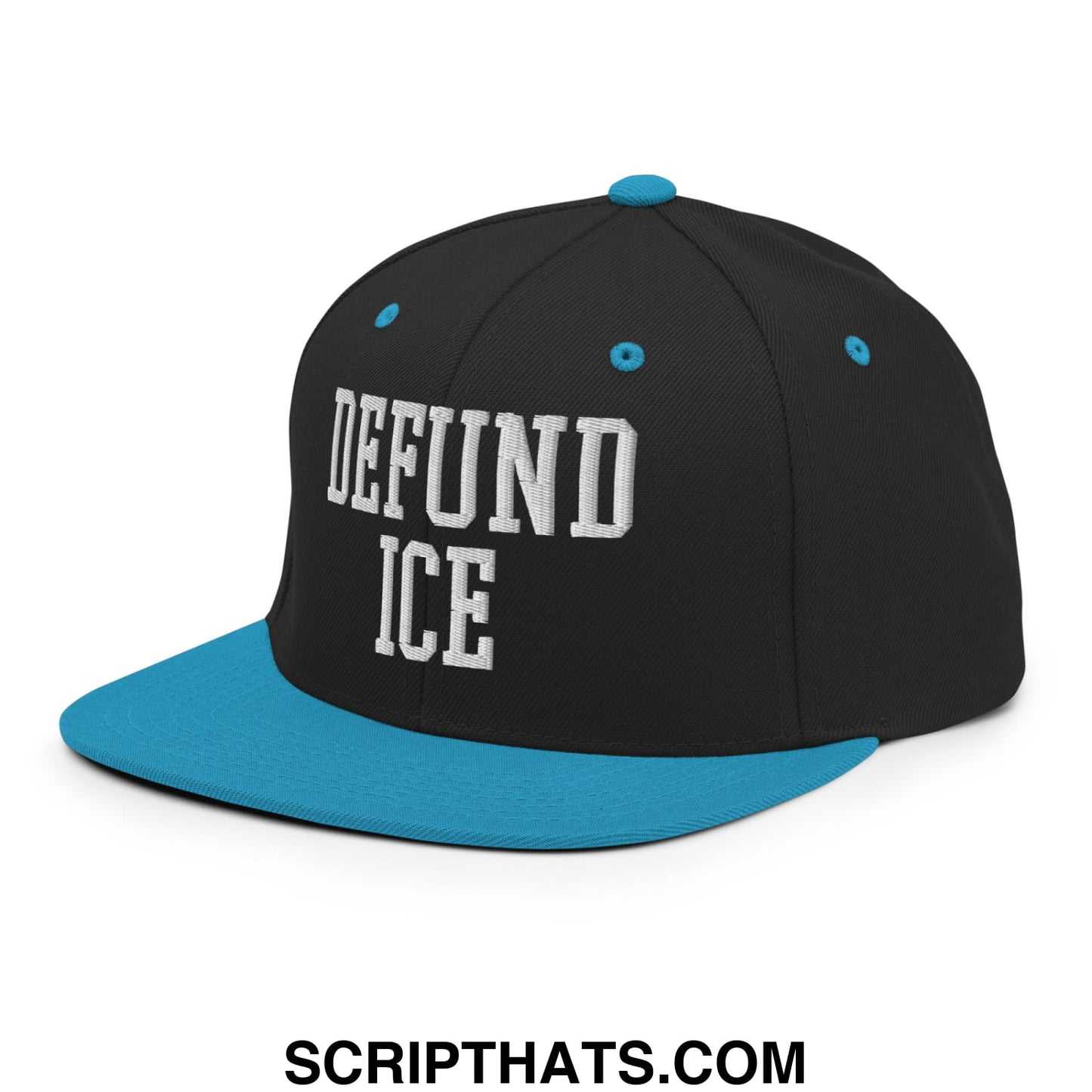 Black and teal snapback hat with white embroidered defund ice text on the front flat bill brim