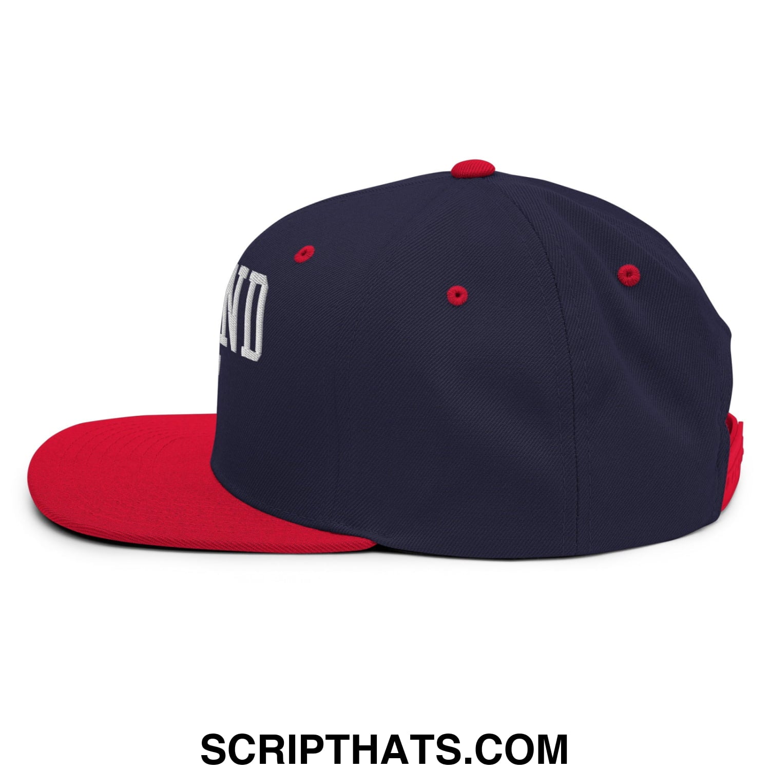 Navy blue and red snapback hat with white embroidered defund ice lettering on the side and flat bill brim