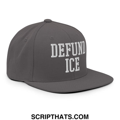 Dark gray snapback cap with white embroidered defund ice text and flat bill brim for casual wear