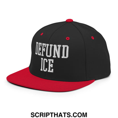 Black and red snapback cap with white embroidered defund ice text and flat bill brim for casual wear