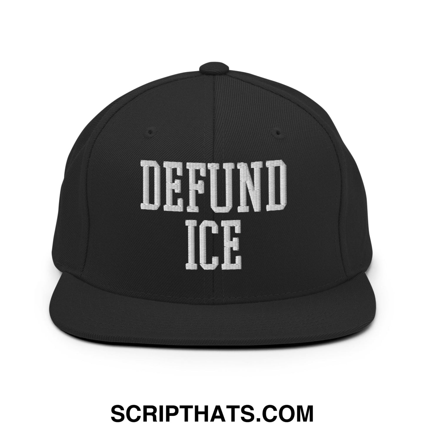Black snapback hat with white embroidered defund ice text in bold block font featuring a flat bill brim