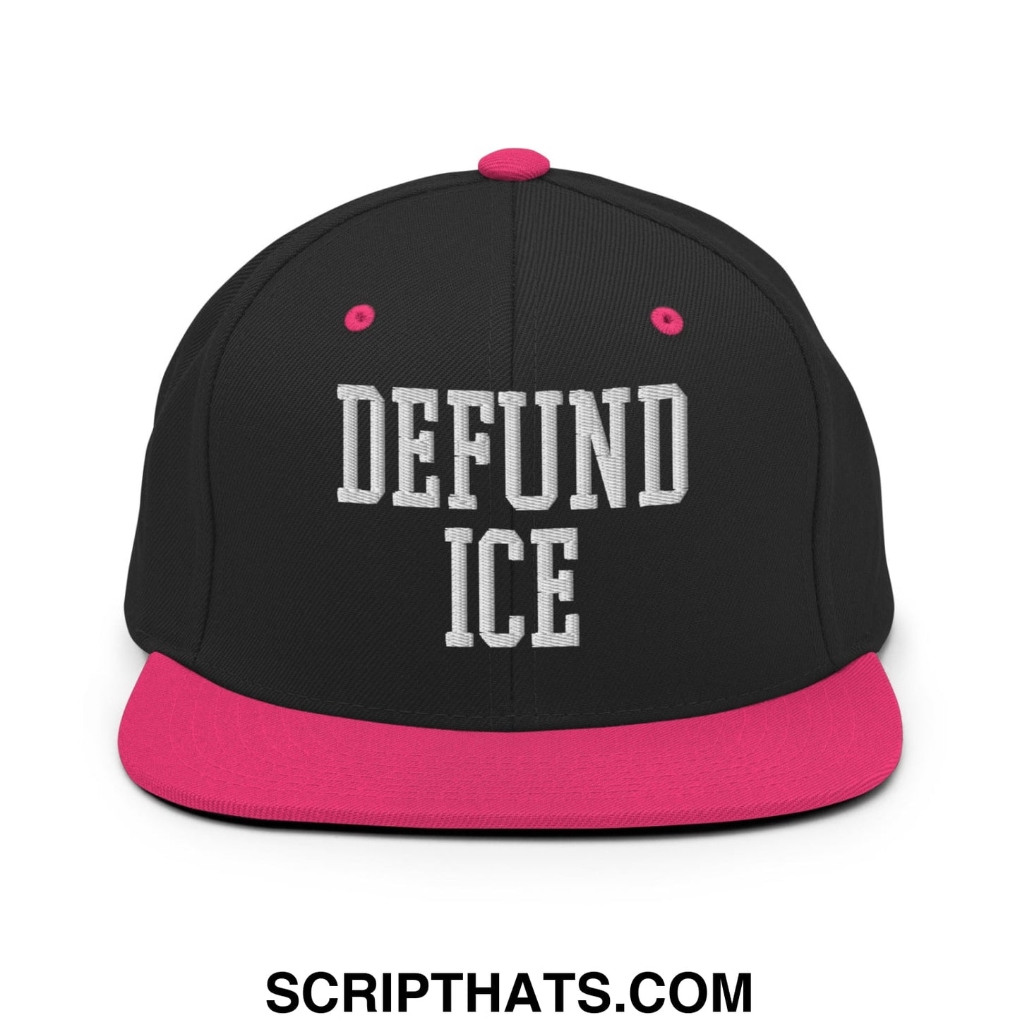 Black snapback cap with vibrant pink brim and button featuring bold white embroidered defund ice text