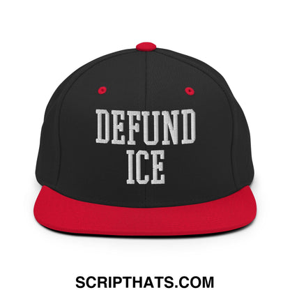 Black and red snapback hat with white embroidered defund ice text and flat bill brim for casual wear
