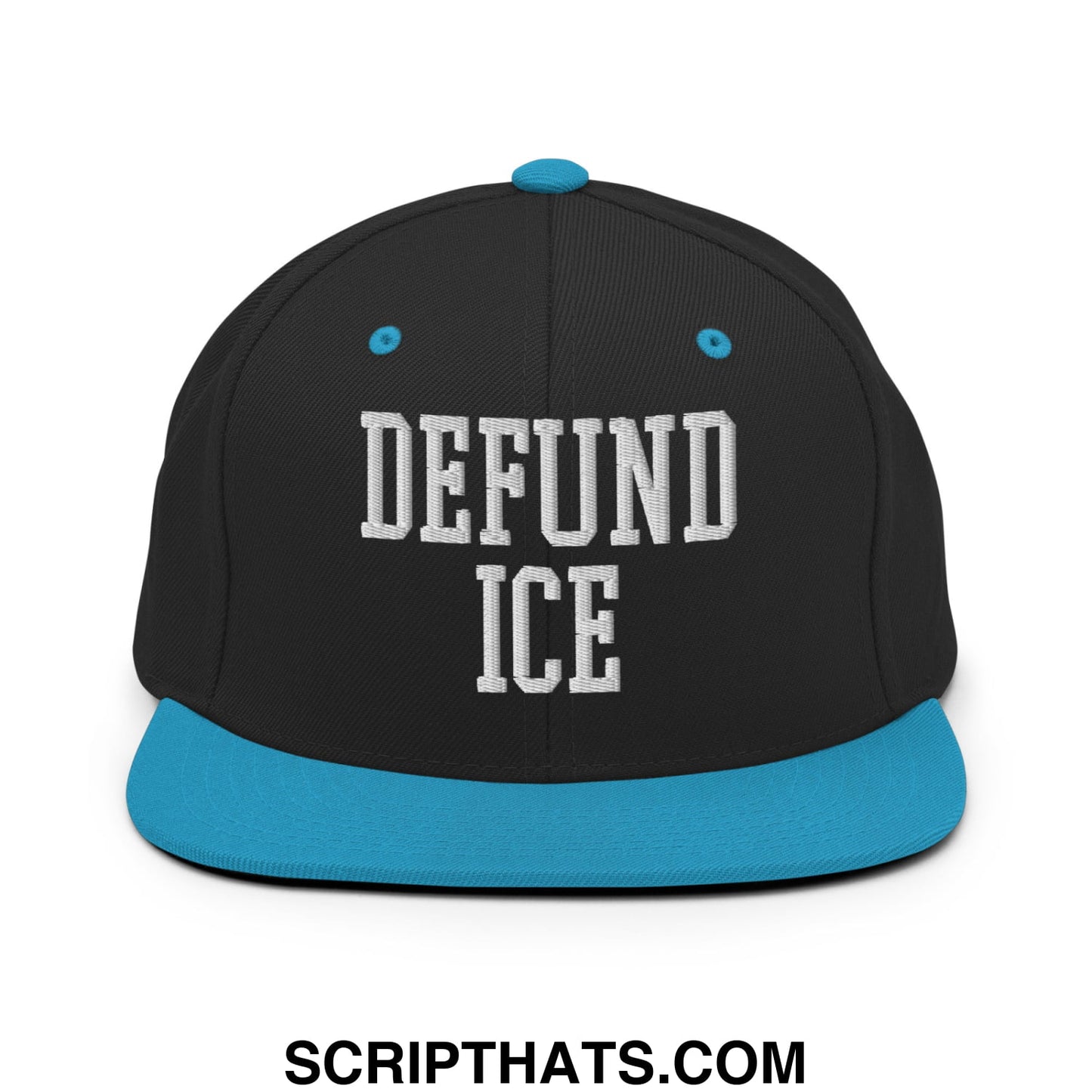 Black snapback hat with teal flat bill and white embroidered defund ICE text in bold collegiate lettering