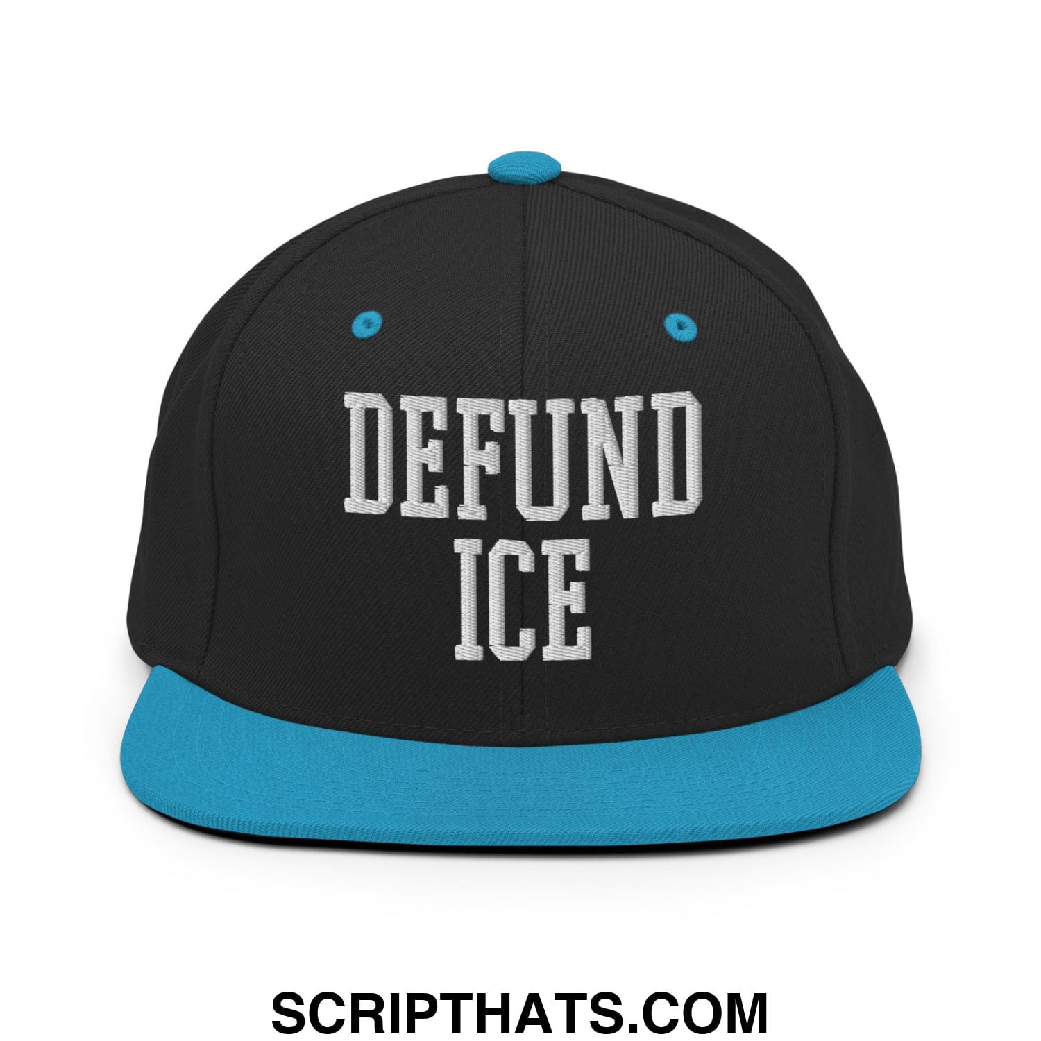 Black snapback hat with teal flat bill and white embroidered defund ICE text in bold collegiate lettering