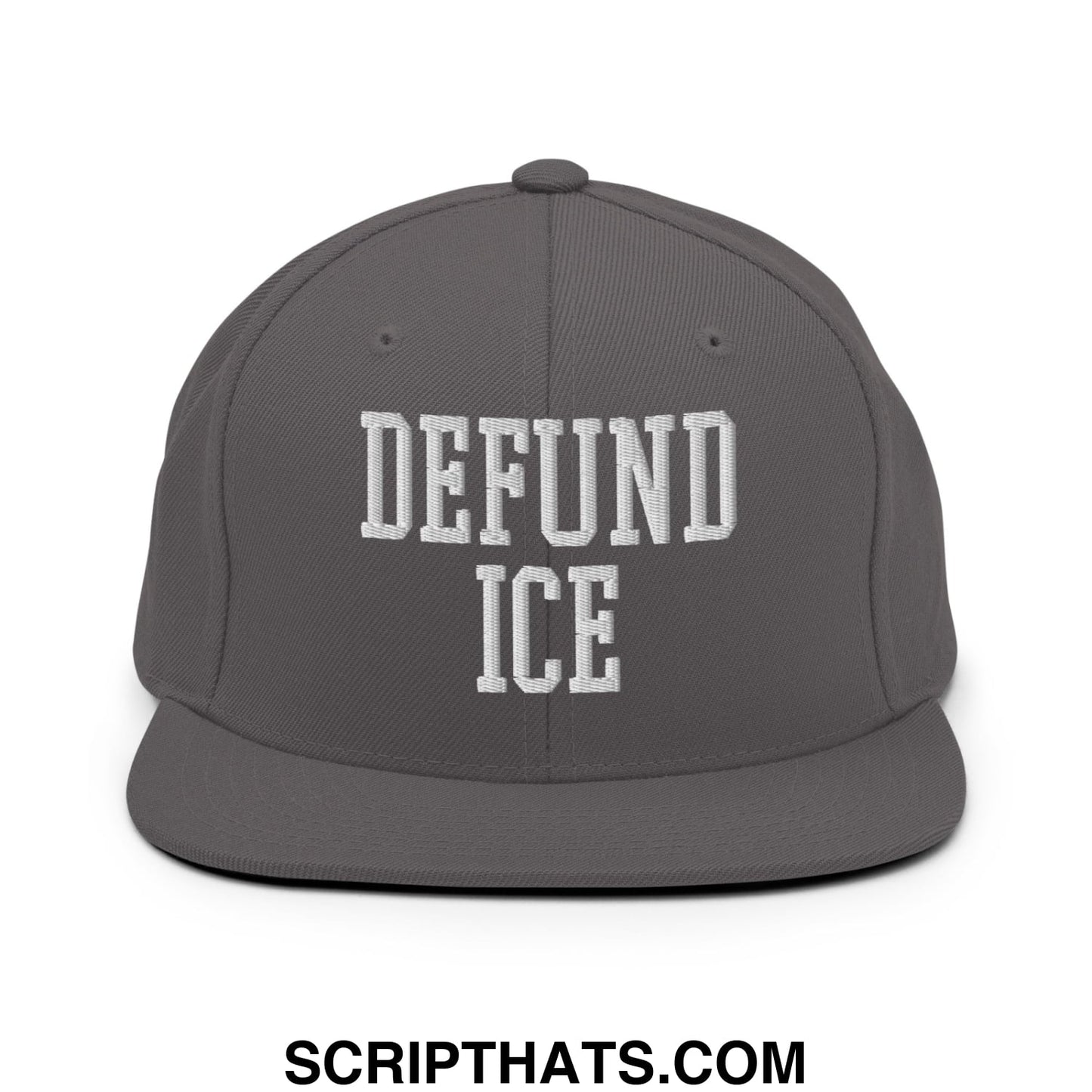 Gray snapback hat with white embroidered defund ice text in a bold collegiate-style font flat bill brim design