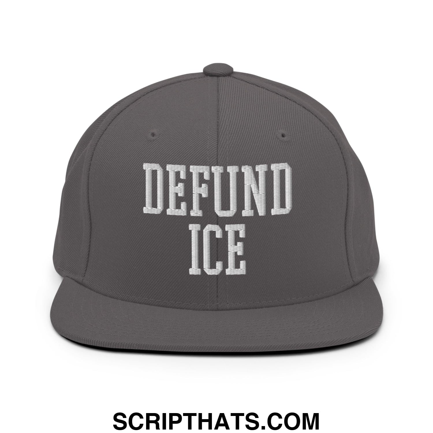 Gray snapback hat with white embroidered defund ice text in a bold collegiate-style font flat bill brim design