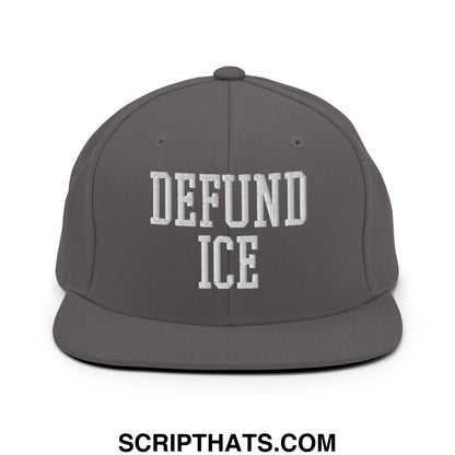 Gray snapback hat with white embroidered defund ice text in a bold collegiate-style font flat bill brim design