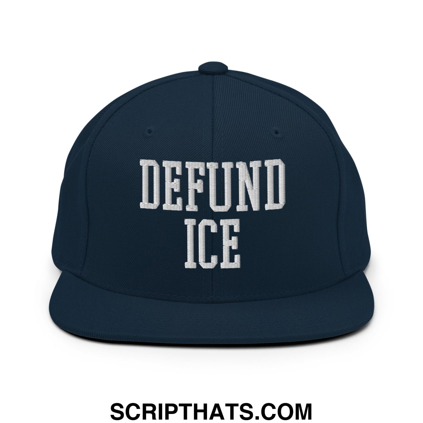 Navy blue snapback hat with white embroidered defund ice text in bold block font and a flat bill brim