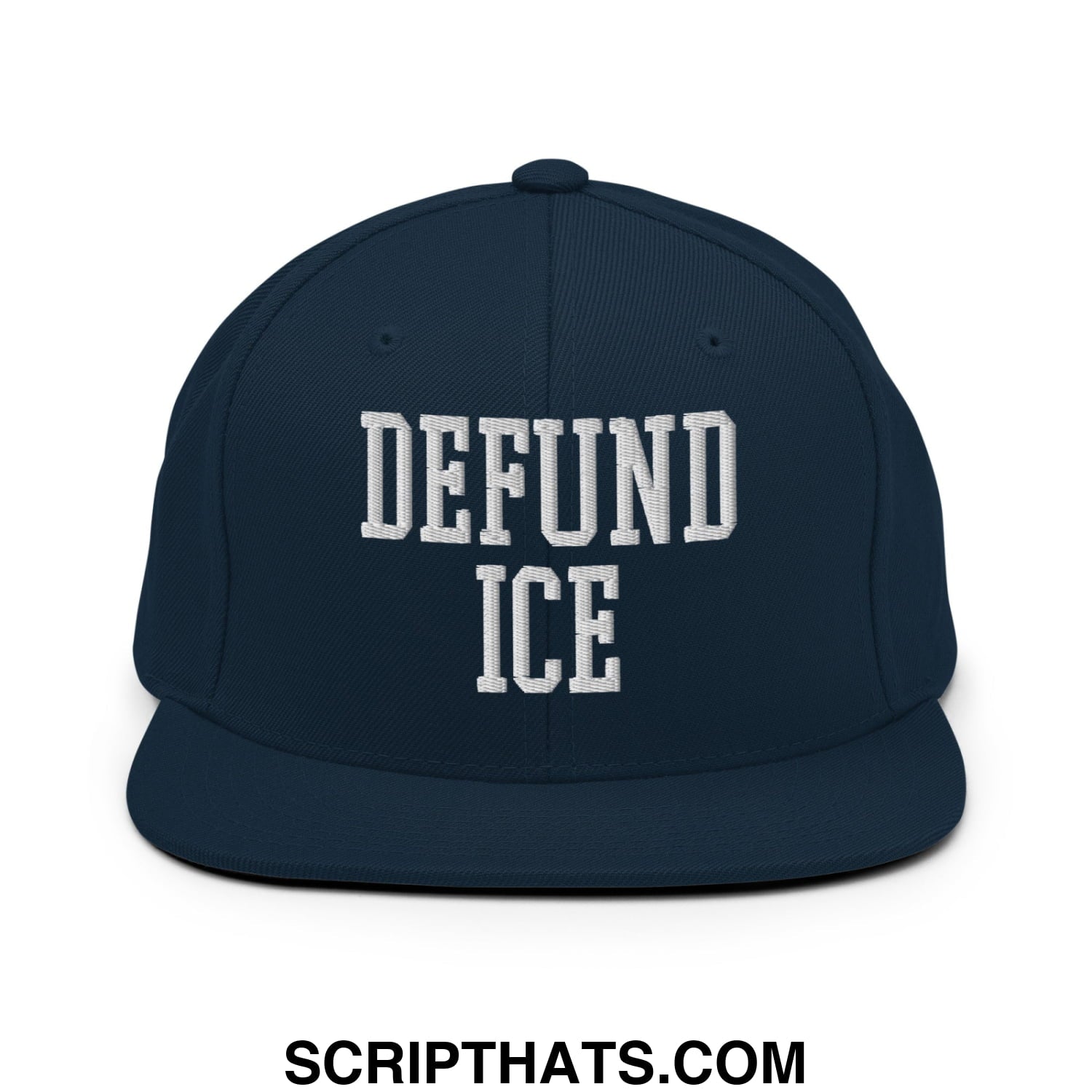Navy blue snapback hat with white embroidered defund ice text in bold block font and a flat bill brim