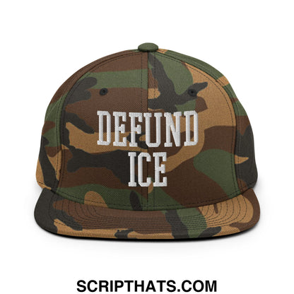 Camouflage snapback hat with flat bill brim and white embroidered defund ice text front design