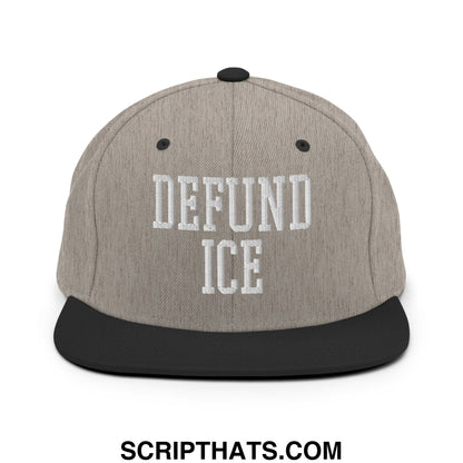 Gray and black snapback hat with white embroidered defund ice text and flat bill brim for casual wear