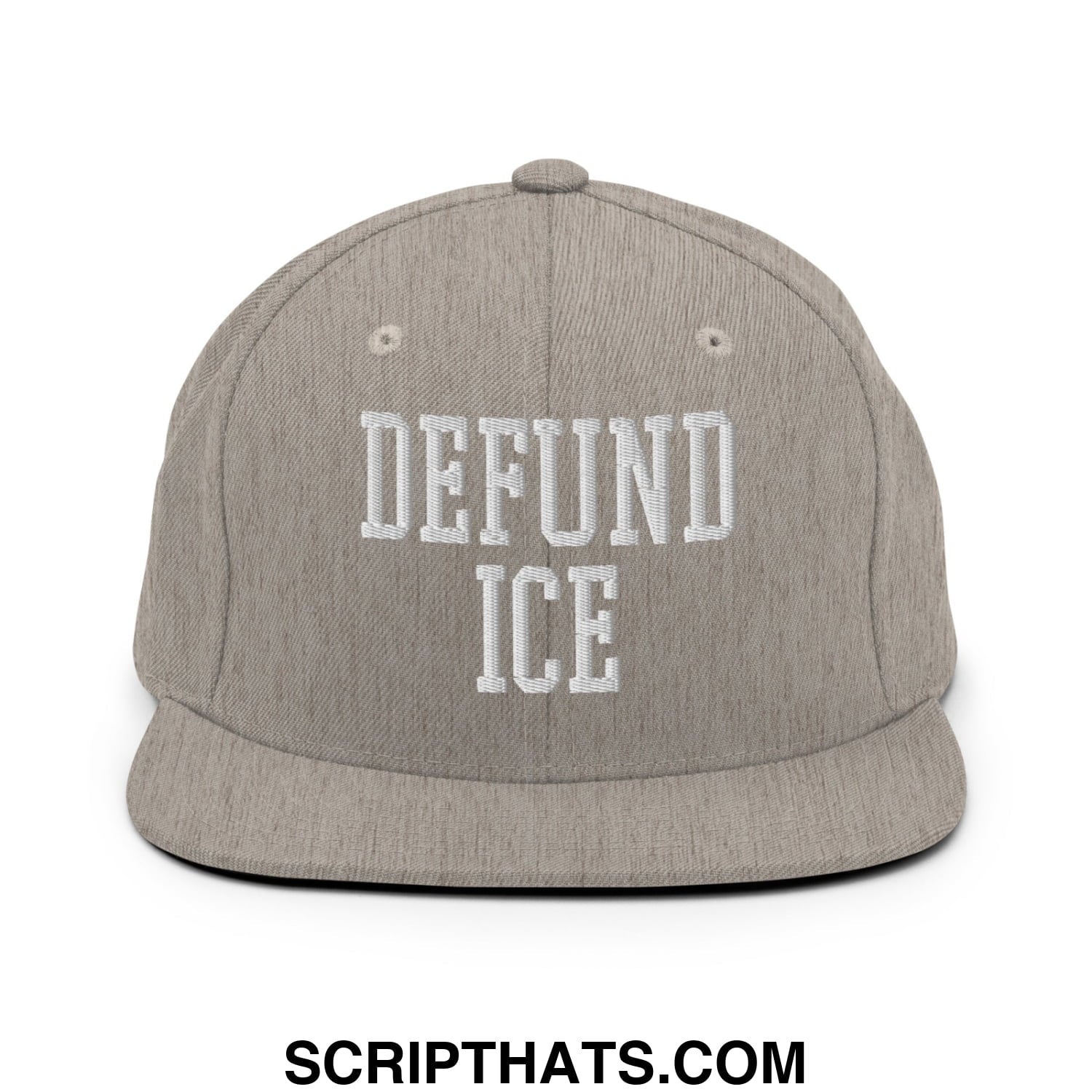 Gray snapback hat with white embroidered defund ice text and flat bill brim designed for casual wear