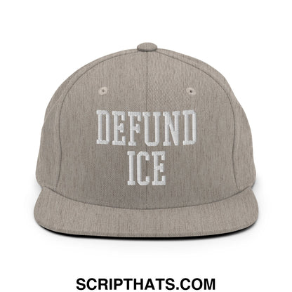 Gray snapback hat with white embroidered defund ice text and flat bill brim designed for casual wear