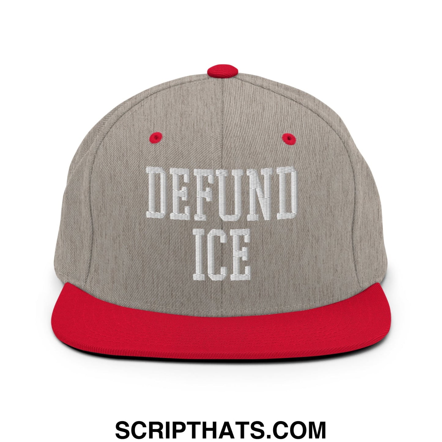 Gray and red snapback cap with white embroidered defund ice text flat bill brim for casual wear
