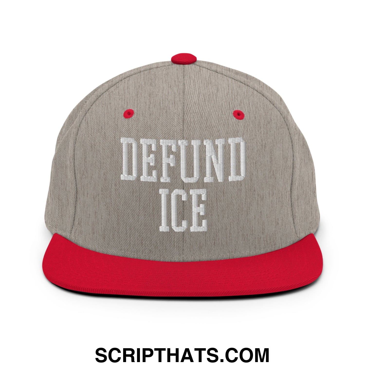 Gray and red snapback cap with white embroidered defund ice text flat bill brim for casual wear