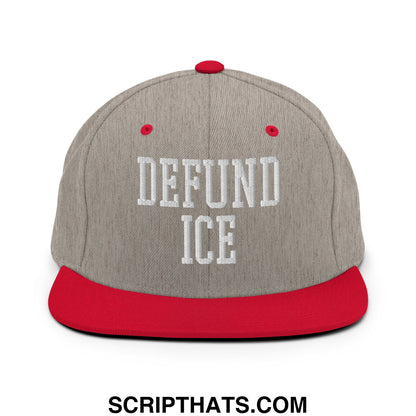 Gray and red snapback cap with white embroidered defund ice text flat bill brim for casual wear
