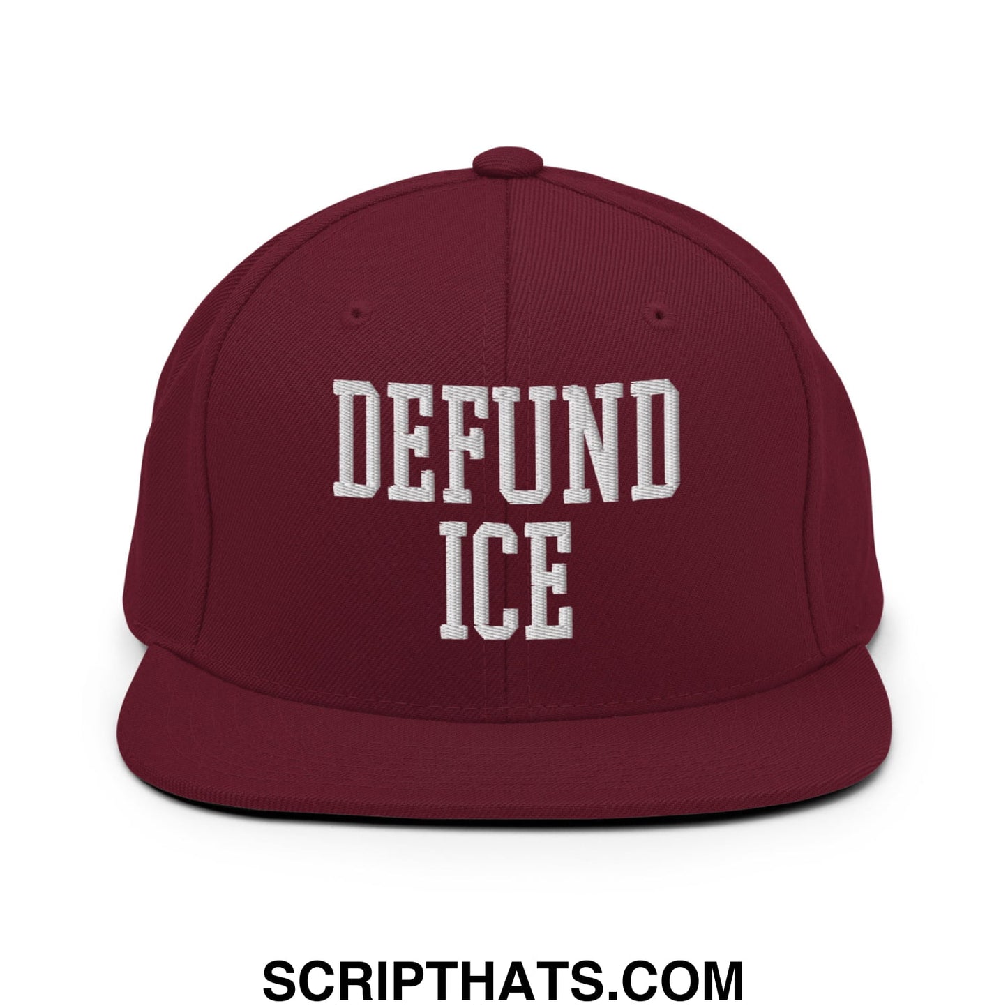 Maroon flat bill snapback hat with white embroidered defund ice text featuring adjustable strap closure
