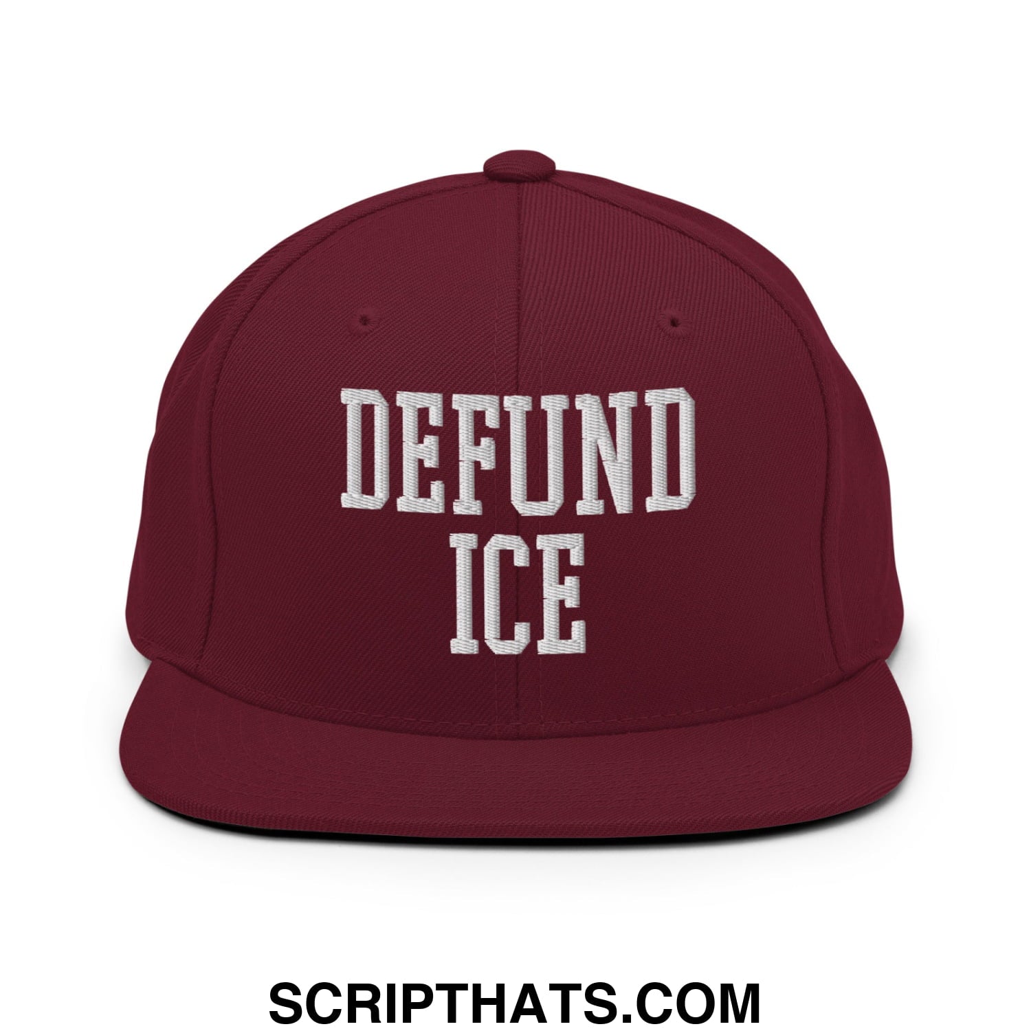 Maroon flat bill snapback hat with white embroidered defund ice text featuring adjustable strap closure