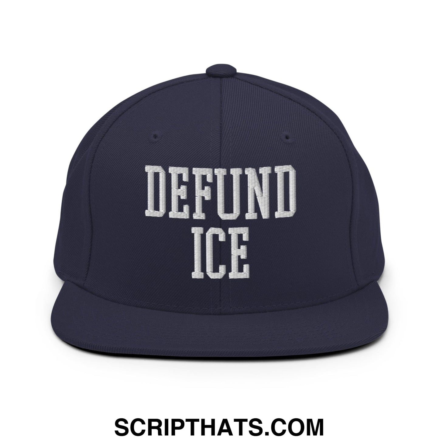 Navy blue snapback hat with white embroidered defund ice text in bold collegiate-style font flat bill brim