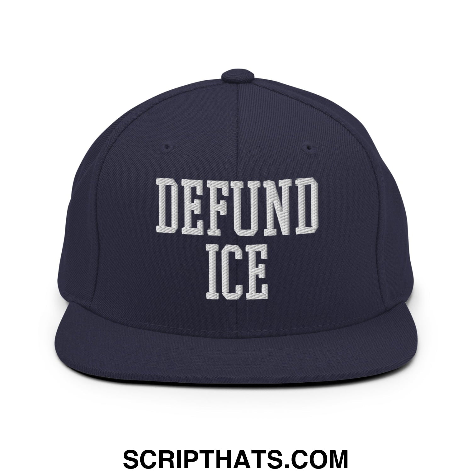 Navy blue snapback hat with white embroidered defund ice text in bold collegiate-style font flat bill brim