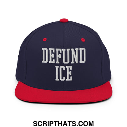 Navy blue and red snapback hat with white embroidered defund ice text and flat bill brim for casual wear