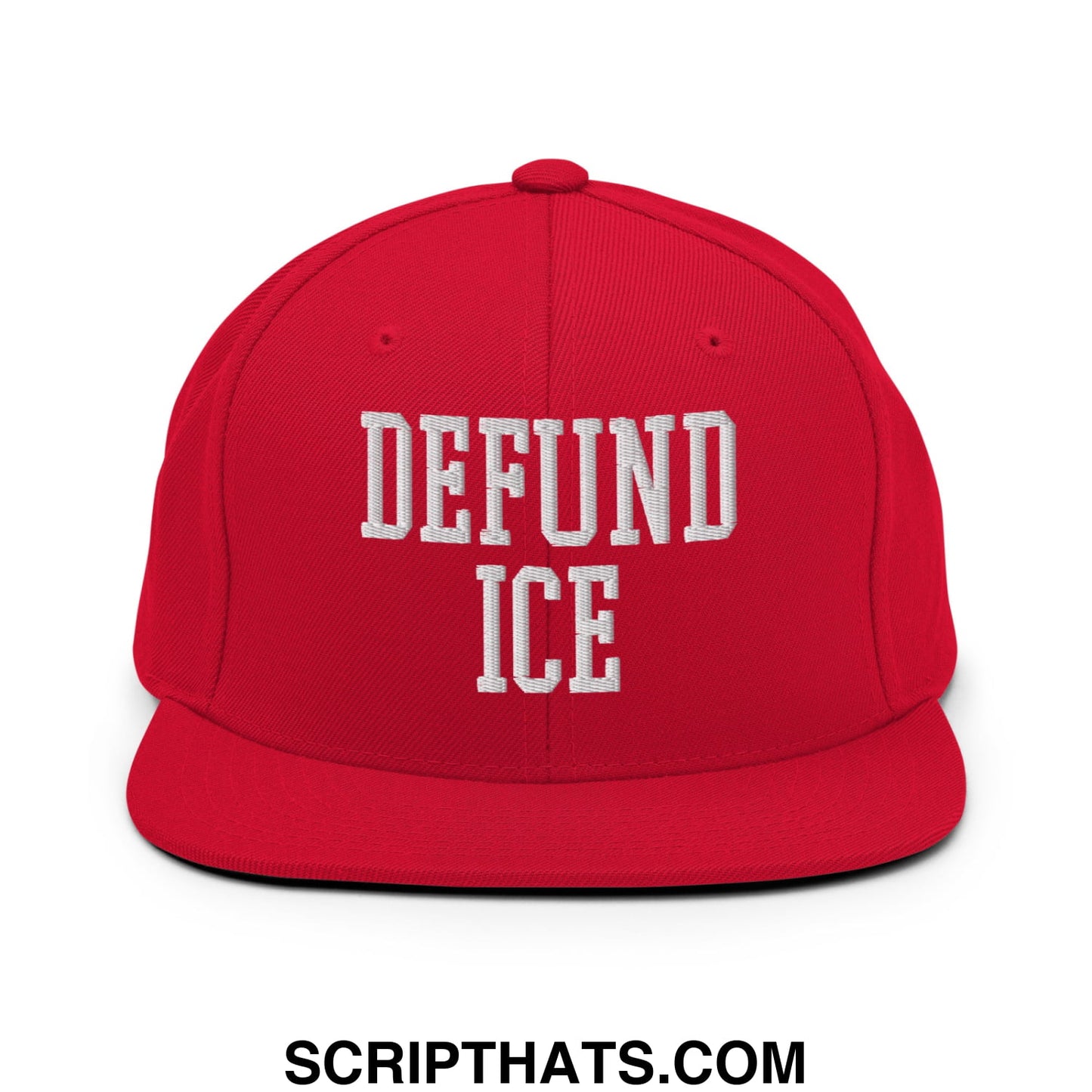 Red snapback cap with white embroidered defund ice text and flat bill brim in a bold streetwear style