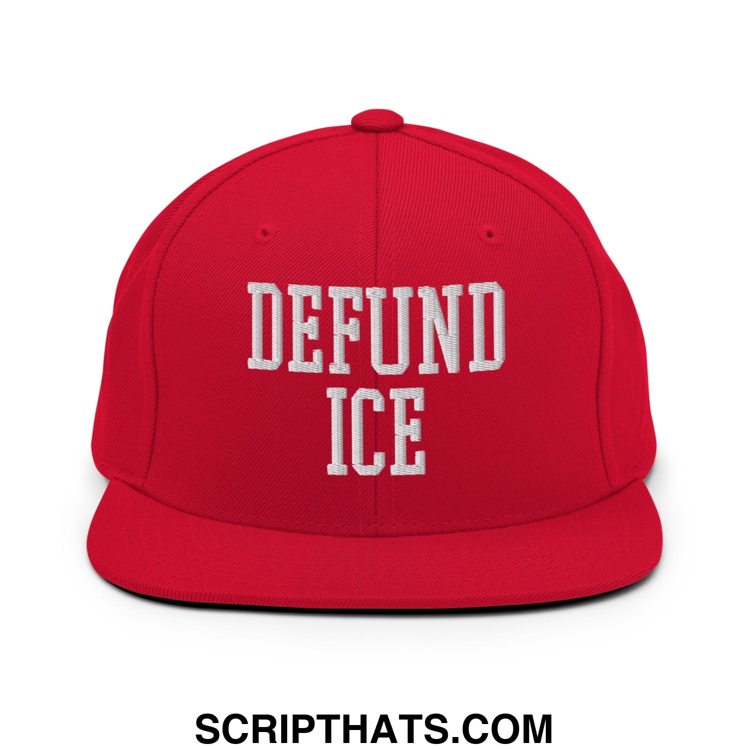 Red snapback cap with white embroidered defund ice text and flat bill brim in a bold streetwear style