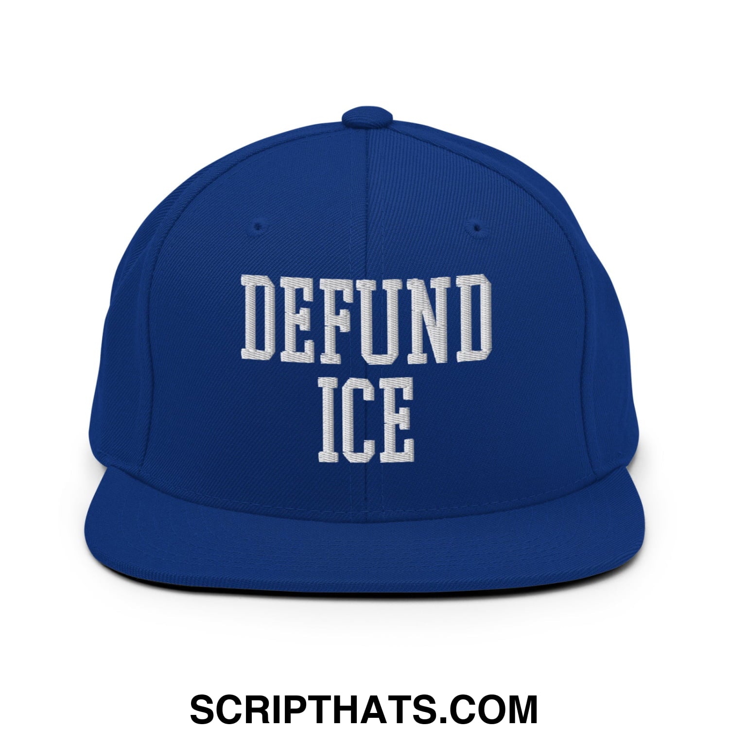 Royal blue snapback hat with white embroidered defund ice text in bold collegiate style flat bill brim design