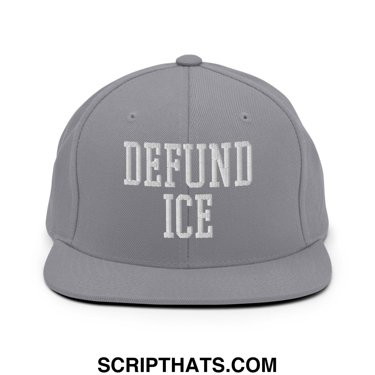 Gray snapback hat with white embroidered defund ice text and flat bill brim for casual wear