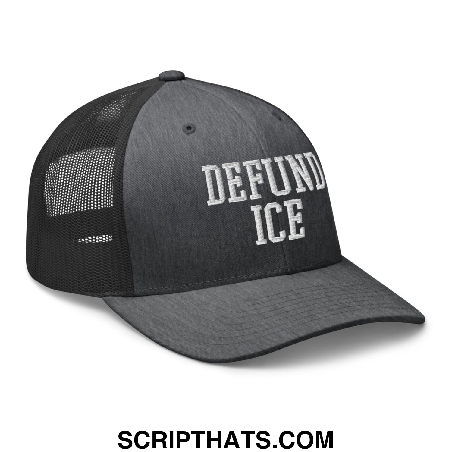 A dark gray trucker hat with black mesh back and white embroidered defund ICE text on the front