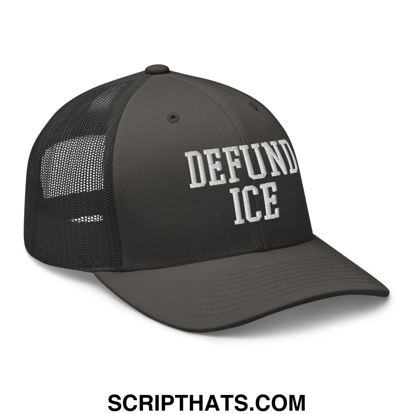 Black mesh trucker hat with white embroidered defund ice text on the front for casual wear