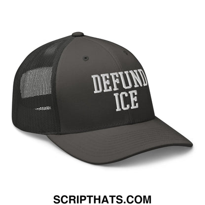 Black mesh trucker hat with white embroidered defund ice text on the front for casual wear