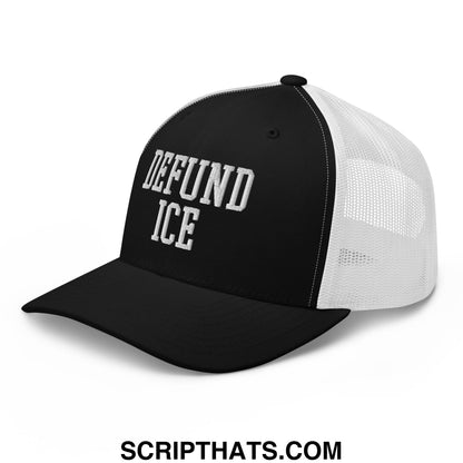 Black and white mesh trucker hat with defund ice embroidered in bold raised lettering on the front panel