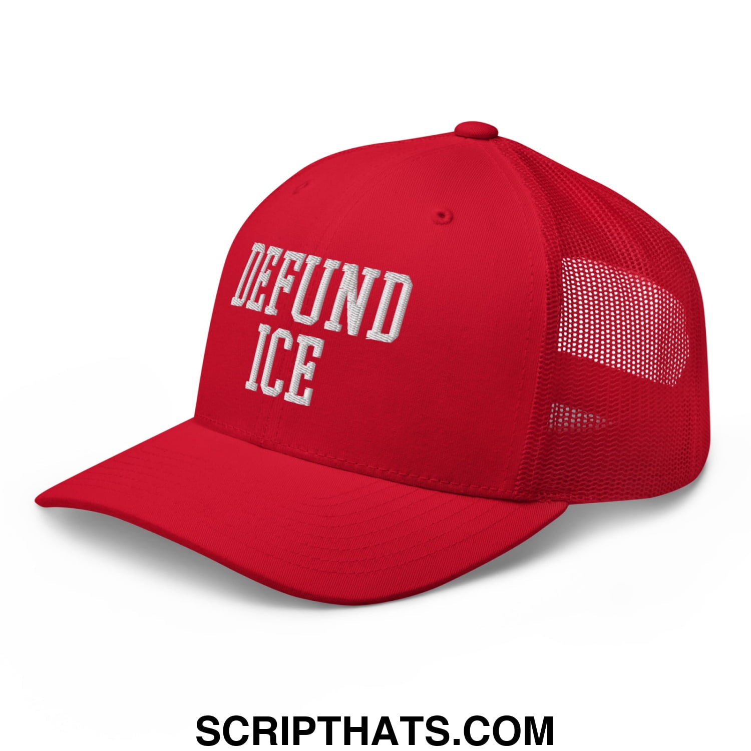 Red mesh trucker hat with white embroidered defund ice text on front for casual wear and activism