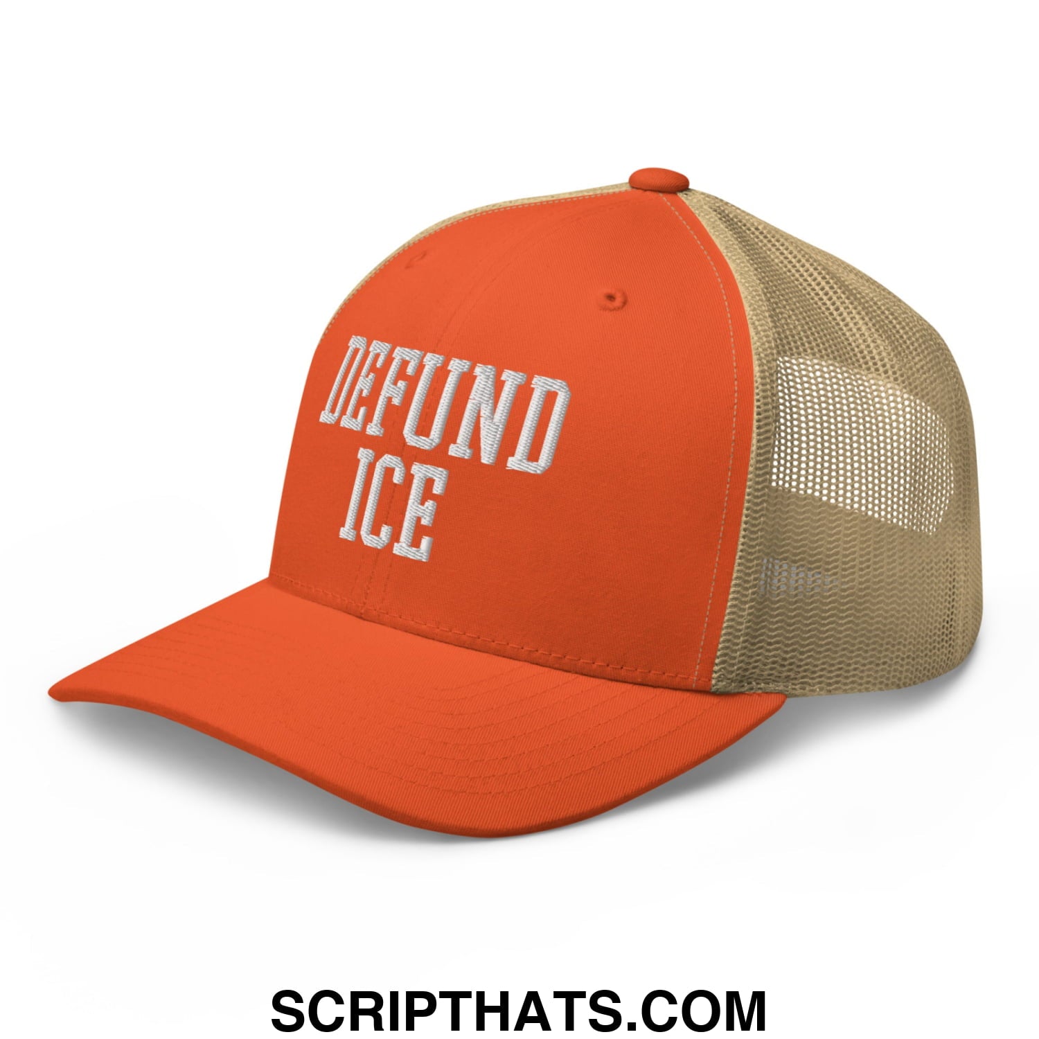 Orange and tan mesh trucker hat with white embroidered defund ice text on the front panel