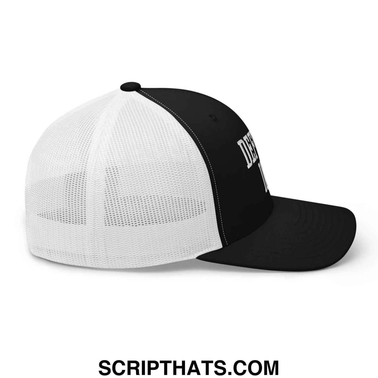 Black and white defund ice embroidered mesh trucker hat with solid black brim and mesh back panel