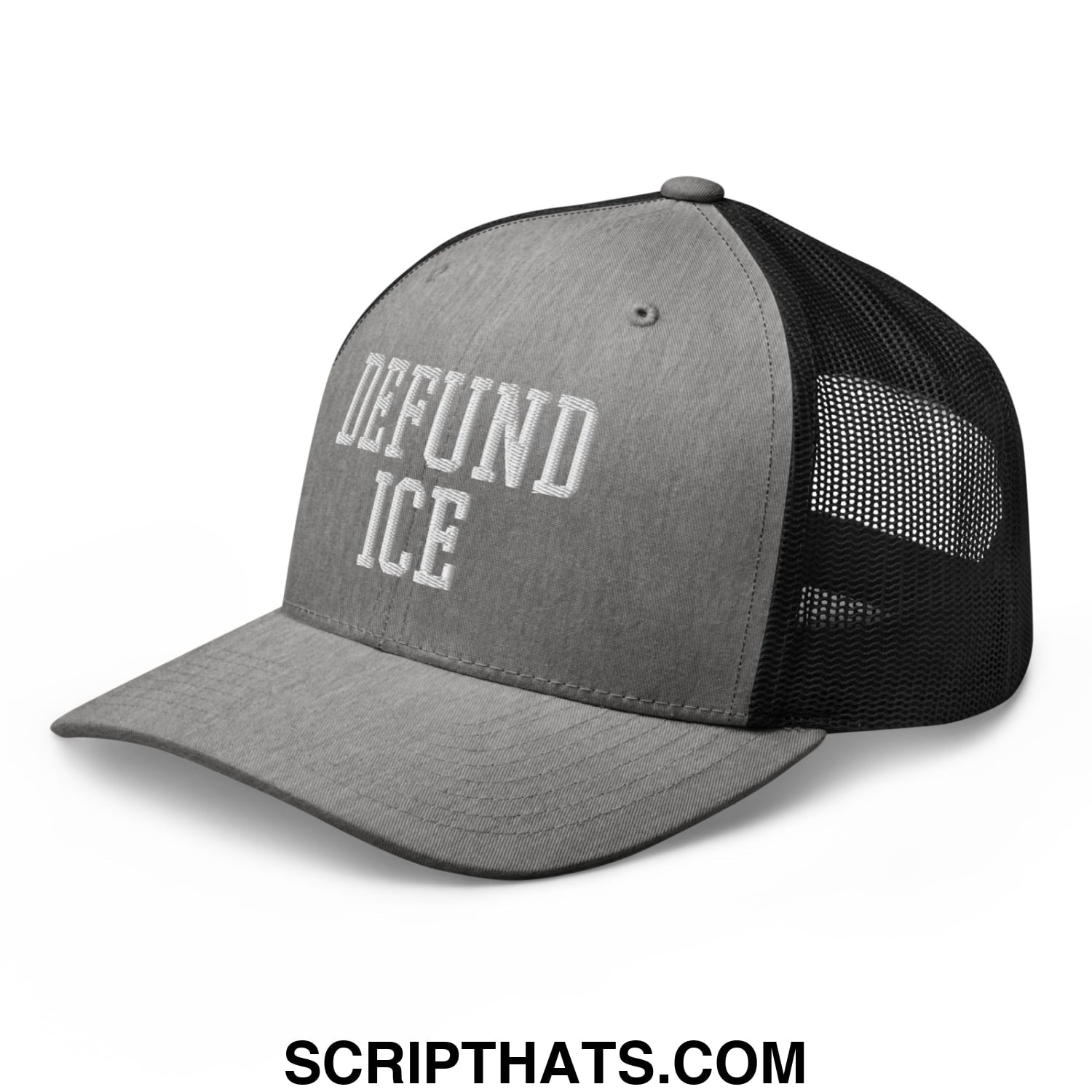 Gray and black mesh trucker hat with defund ice embroidered in white on the front panel
