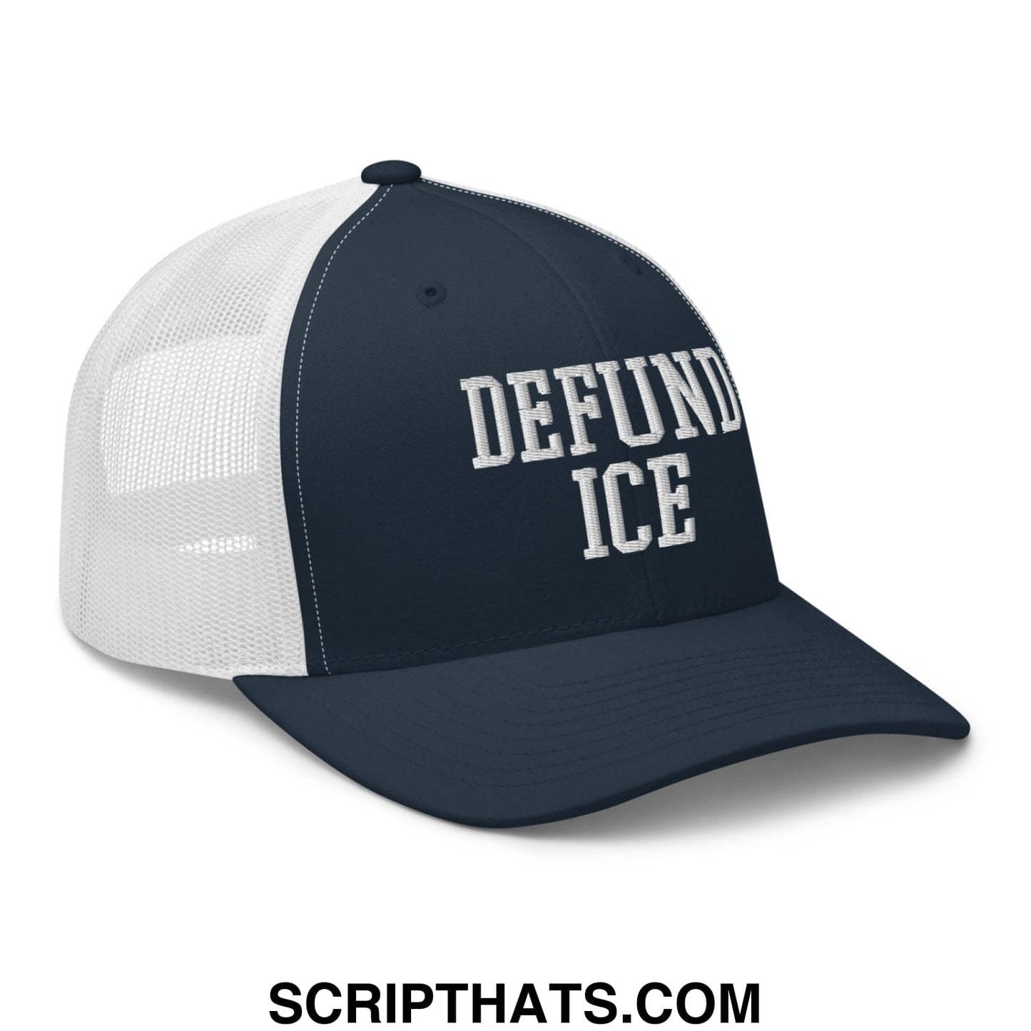Navy blue and white mesh trucker hat with defund ice embroidered in bold raised lettering on the front panel