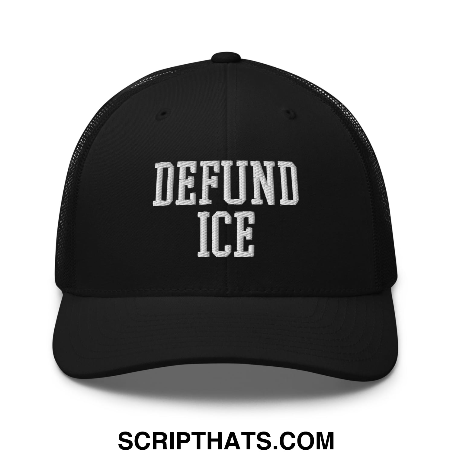 Black mesh trucker hat with white embroidered defund ICE text on the front for casual wear