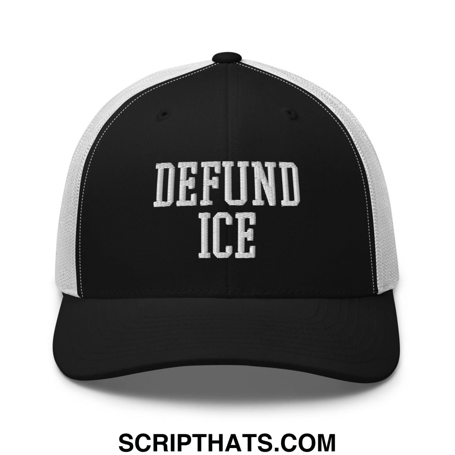 Black and white mesh trucker hat with defund ice embroidered in bold white textured lettering on the front