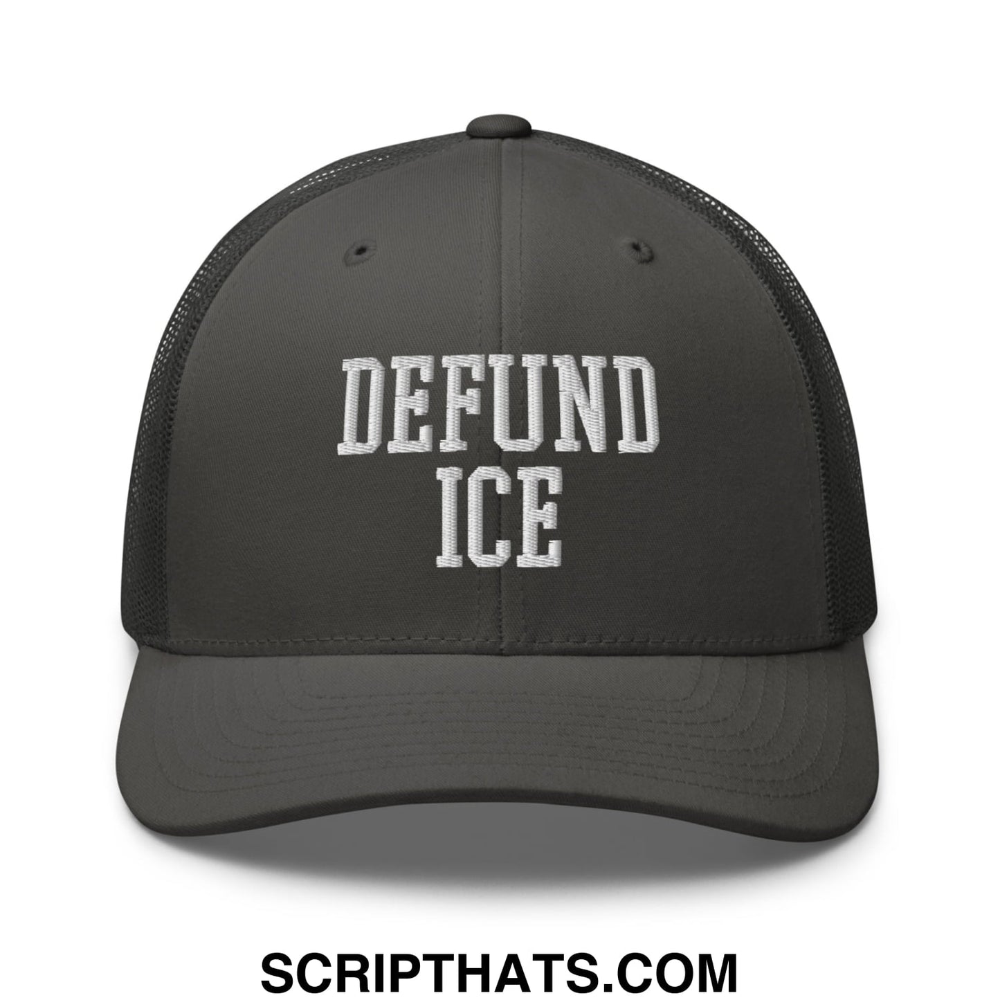 Dark gray mesh trucker hat with white embroidered defund ice text for casual wear