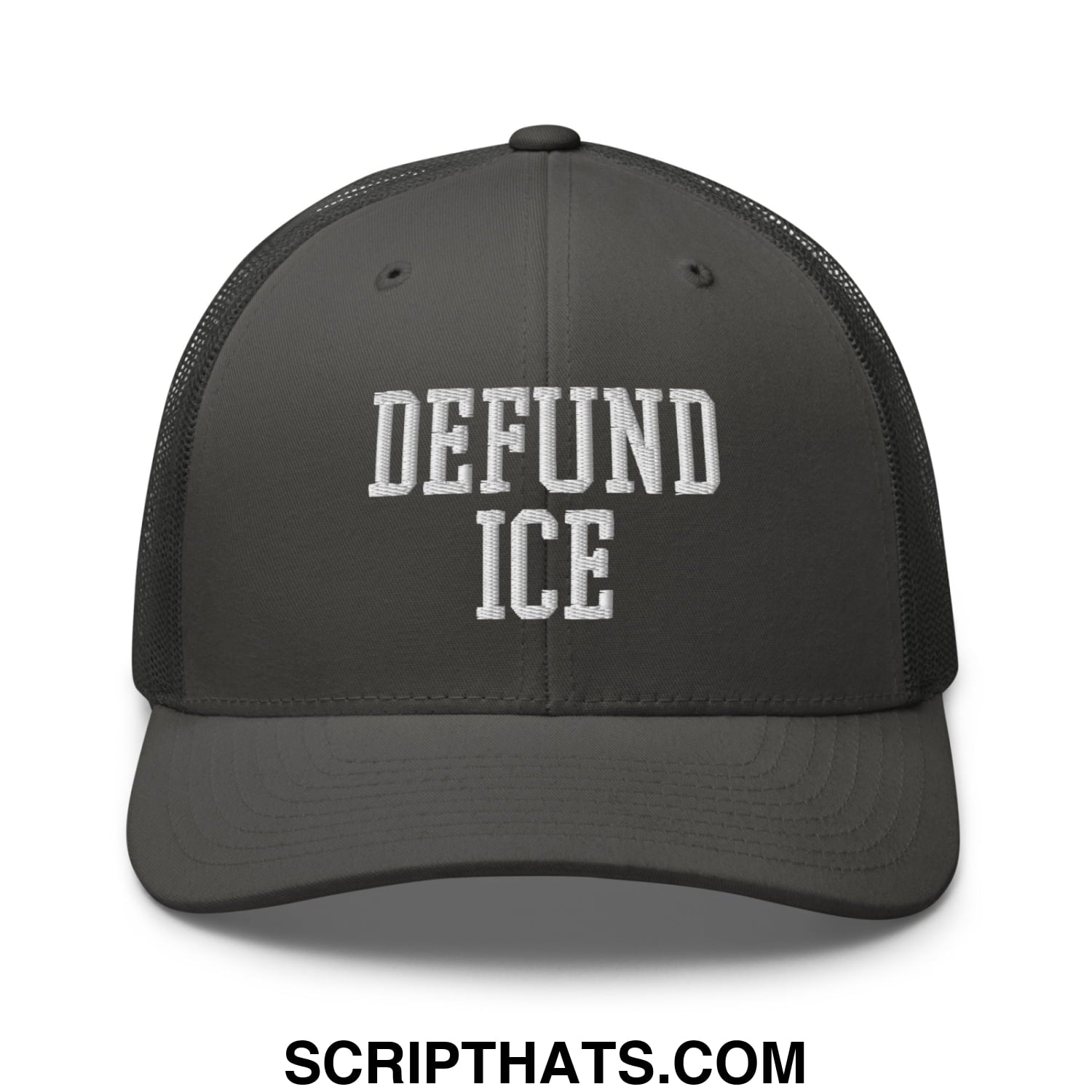 Dark gray mesh trucker hat with white embroidered defund ice text for casual wear