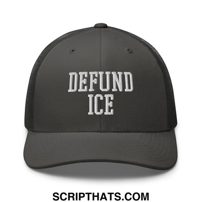 Dark gray mesh trucker hat with white embroidered defund ice text for casual wear
