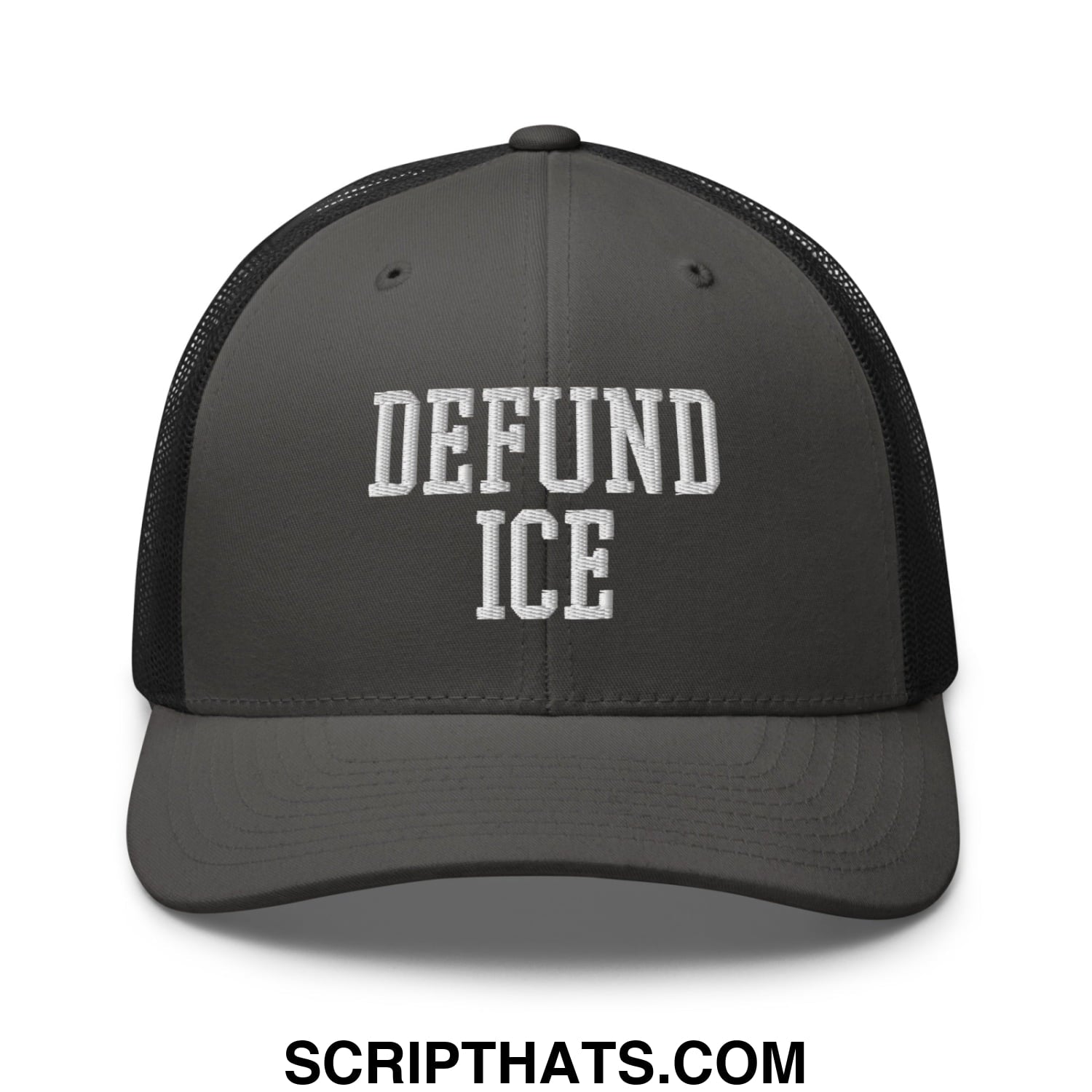 Dark gray mesh trucker hat with white embroidered defund ice text on the front for casual wear