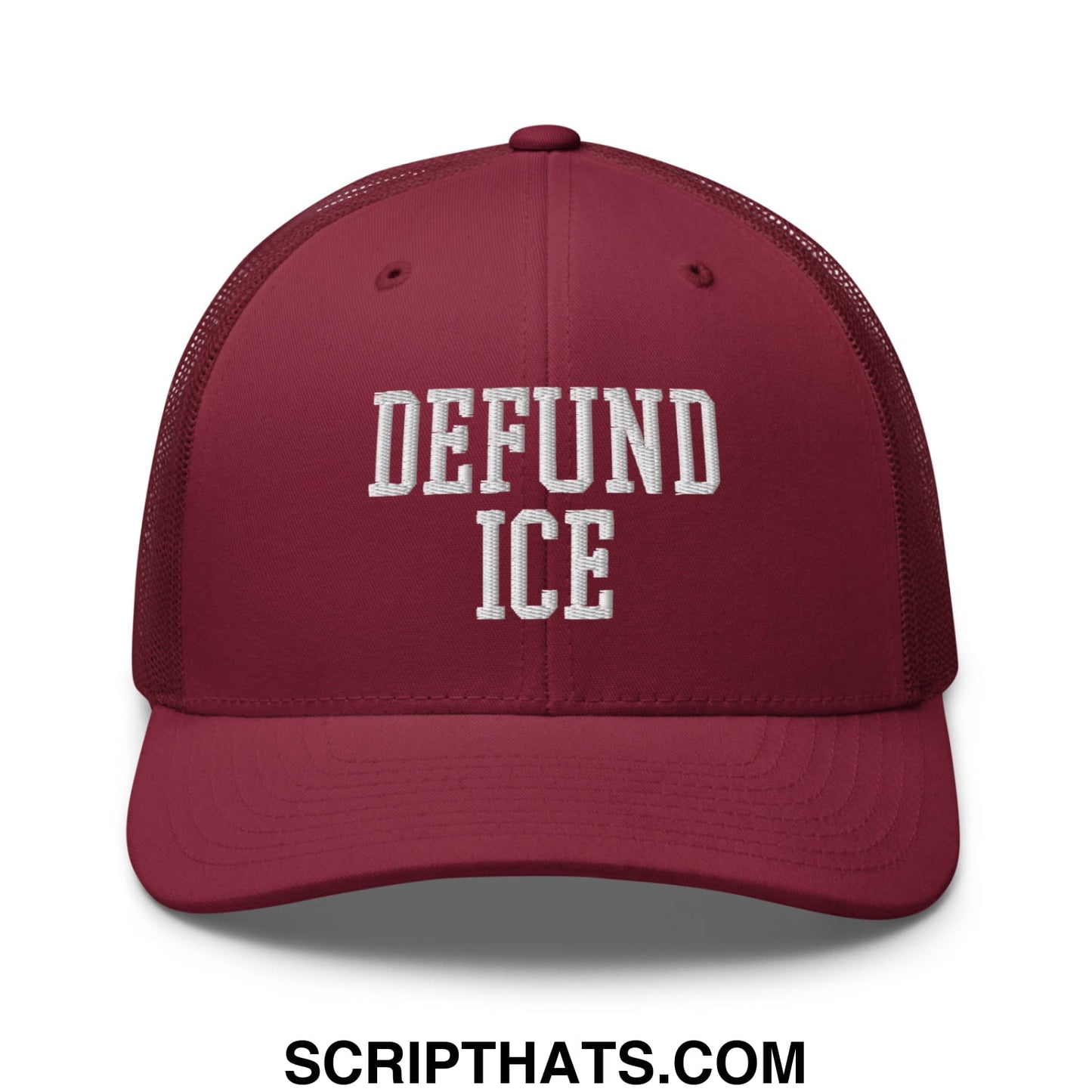 Maroon defund ice embroidered mesh trucker hat with white text and breathable mesh back panel