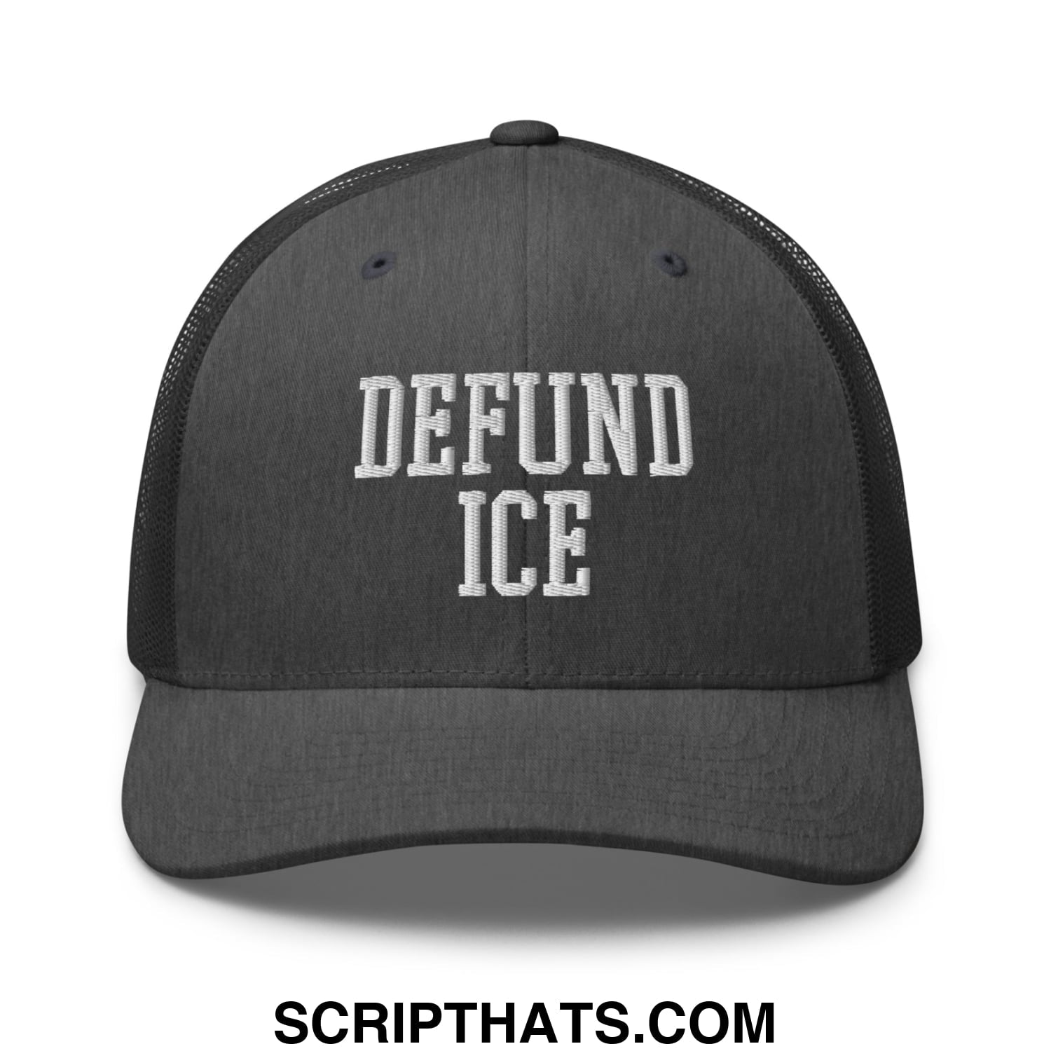 Black mesh trucker hat with white embroidered defund ice text on front in a breathable adjustable design