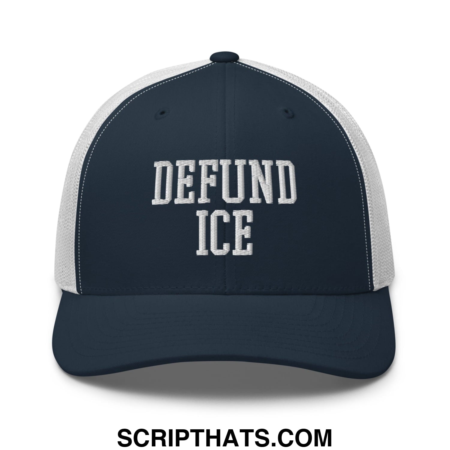 Navy blue and white mesh trucker hat with defund ice embroidered in bold raised white lettering on the front