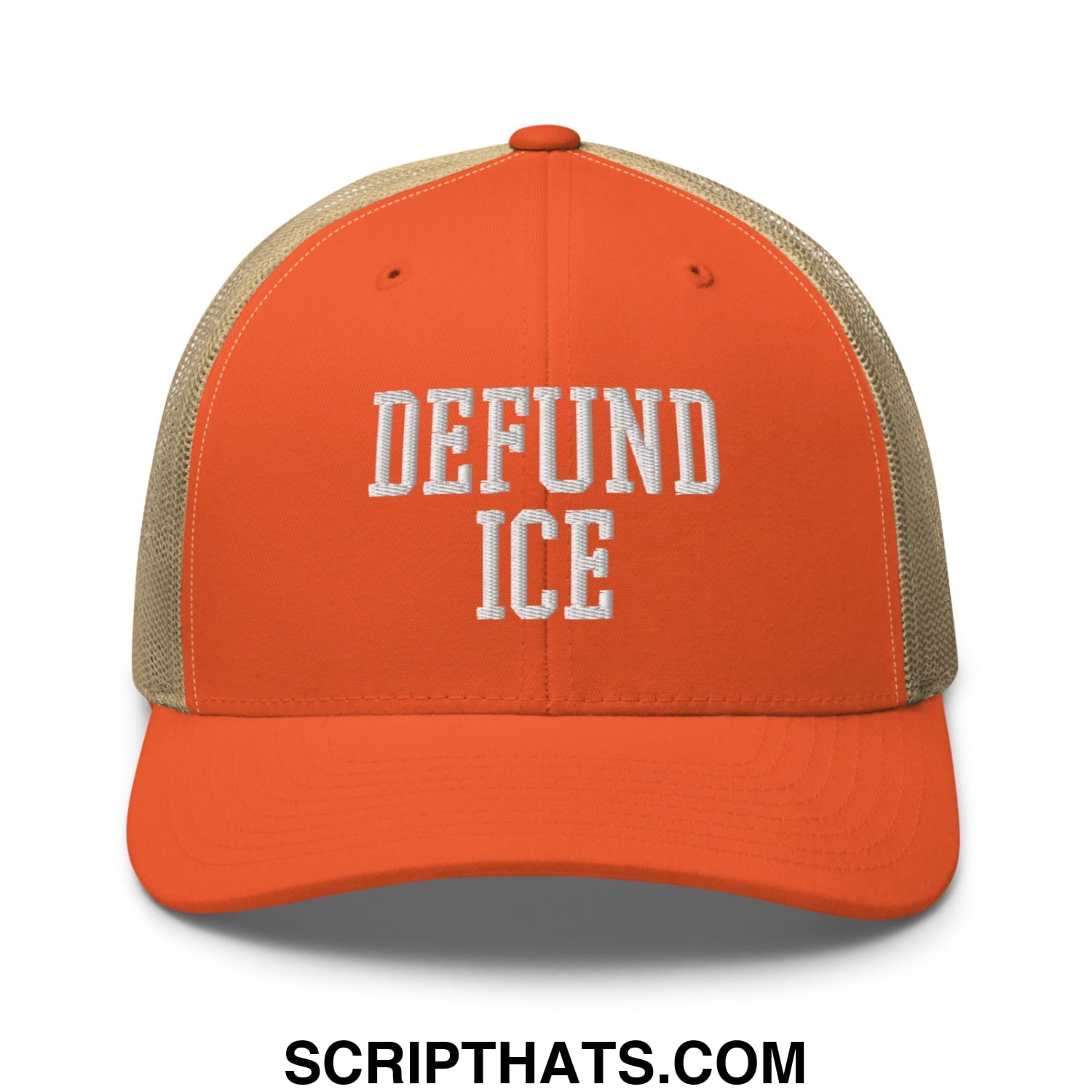 Orange and beige mesh trucker hat with white embroidered defund ice text in a defund ice embroidered mesh trucker hat