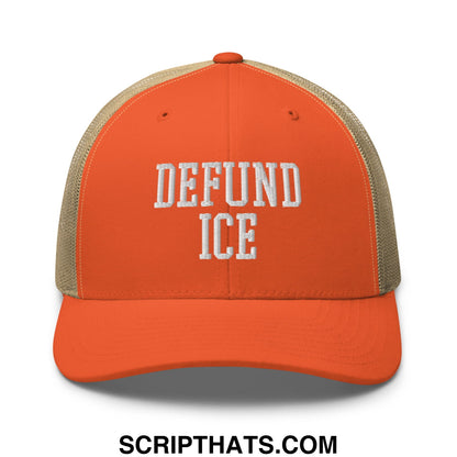 Orange and beige mesh trucker hat with white embroidered defund ice text in a defund ice embroidered mesh trucker hat